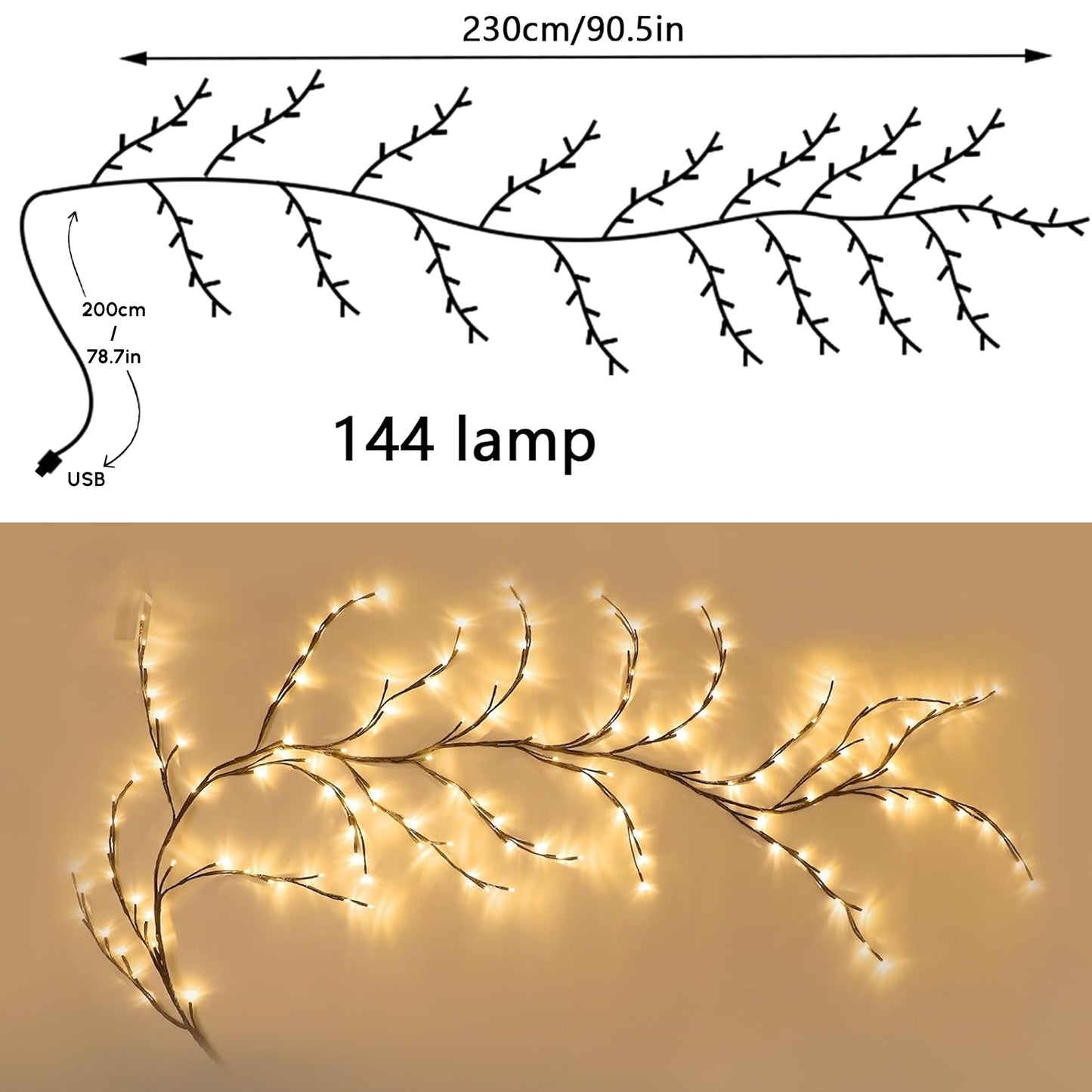 7.55 ft 144 LED USB Flexible Branch Wall Lights Indoor Decor for