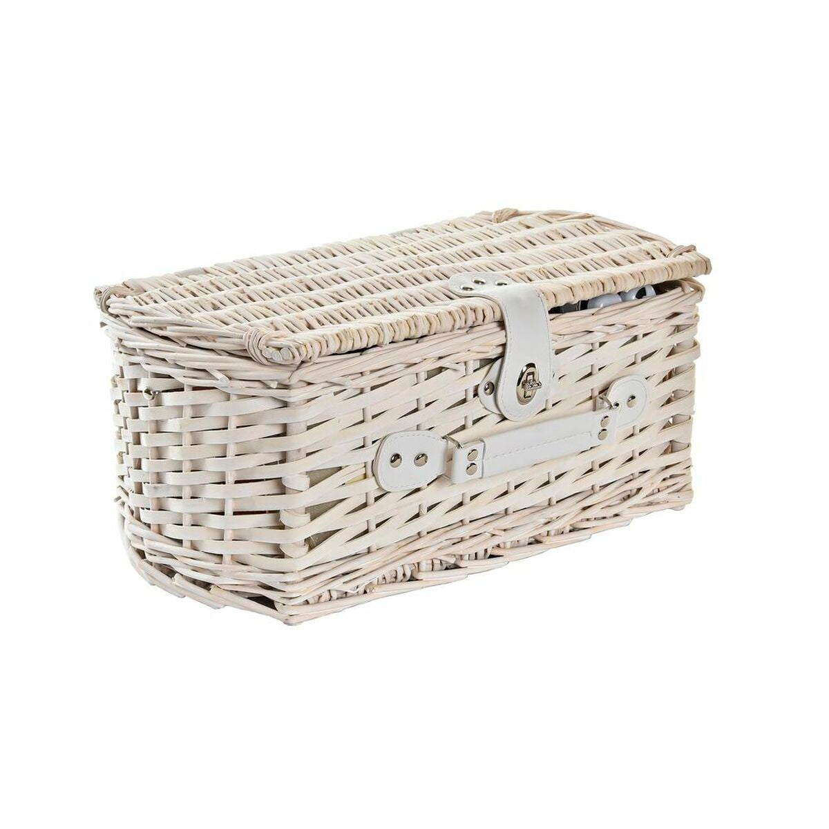 Basket DKD Home Decor wicker Picnic Beige Polyester White (44 x 28 x - Terrasland