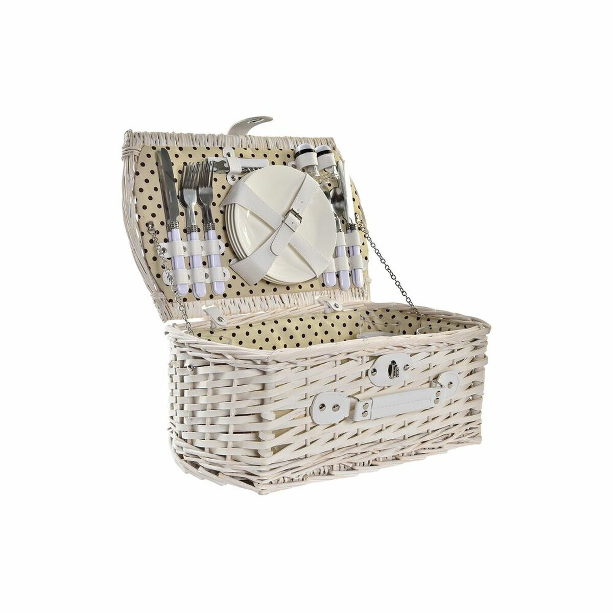 Basket DKD Home Decor wicker Picnic Beige Polyester White (44 x 28 x - Terrasland