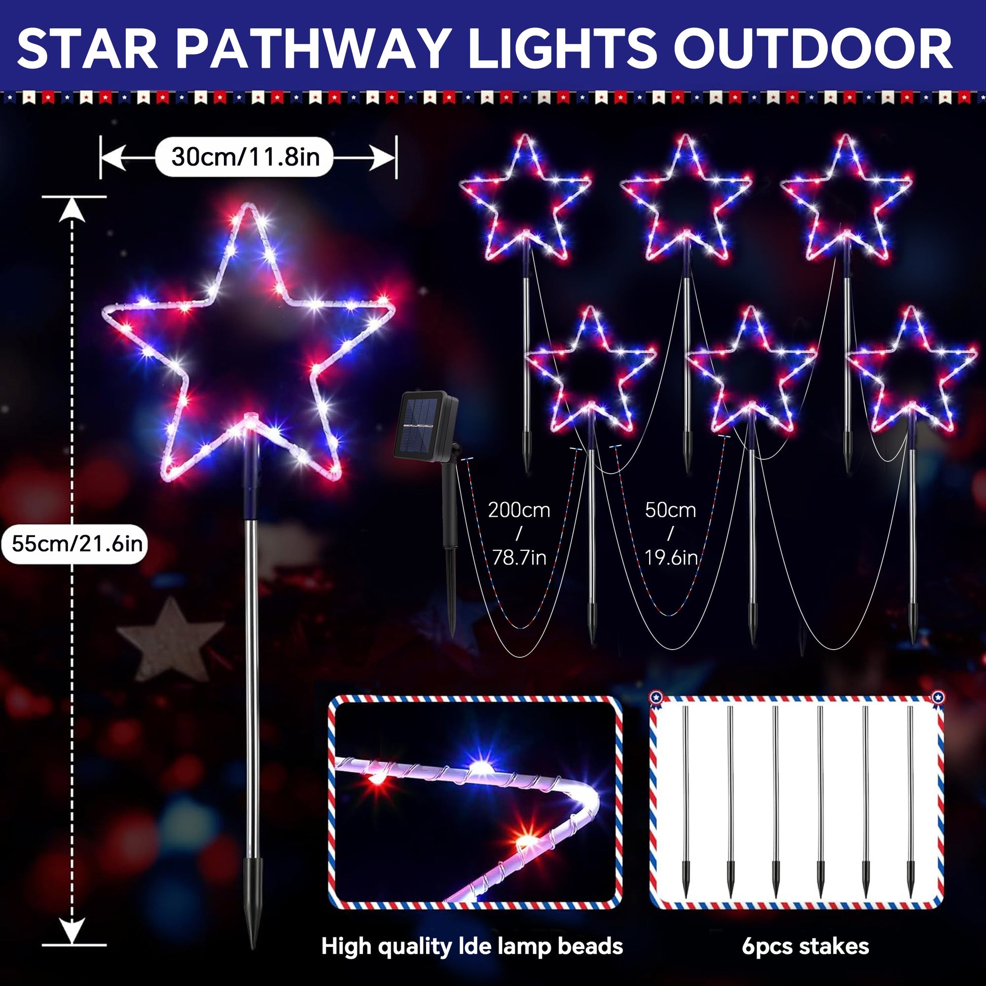 Outdoor Solar Pathway Lights Red White and Blue Star Lights for - Terrasland