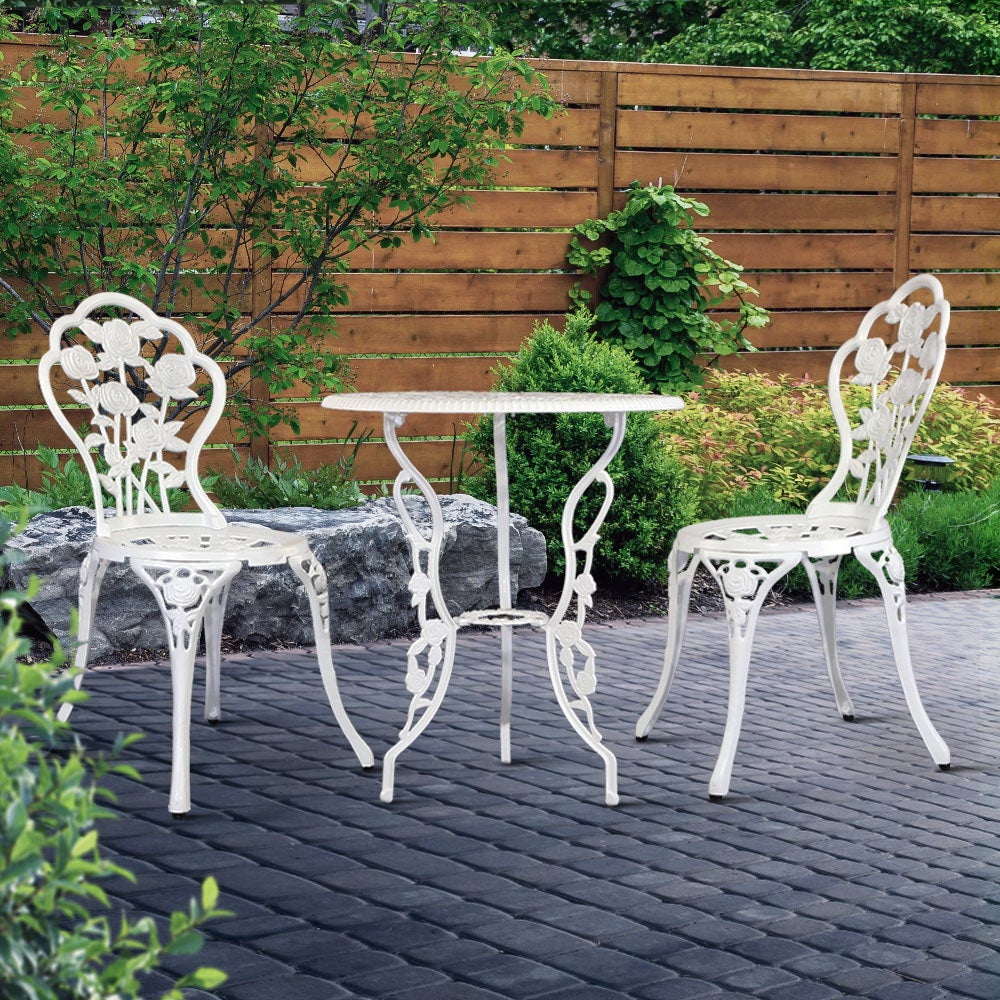 Gardeon Outdoor Furniture Chairs Table 3pc Aluminium Bistro White - Terrasland