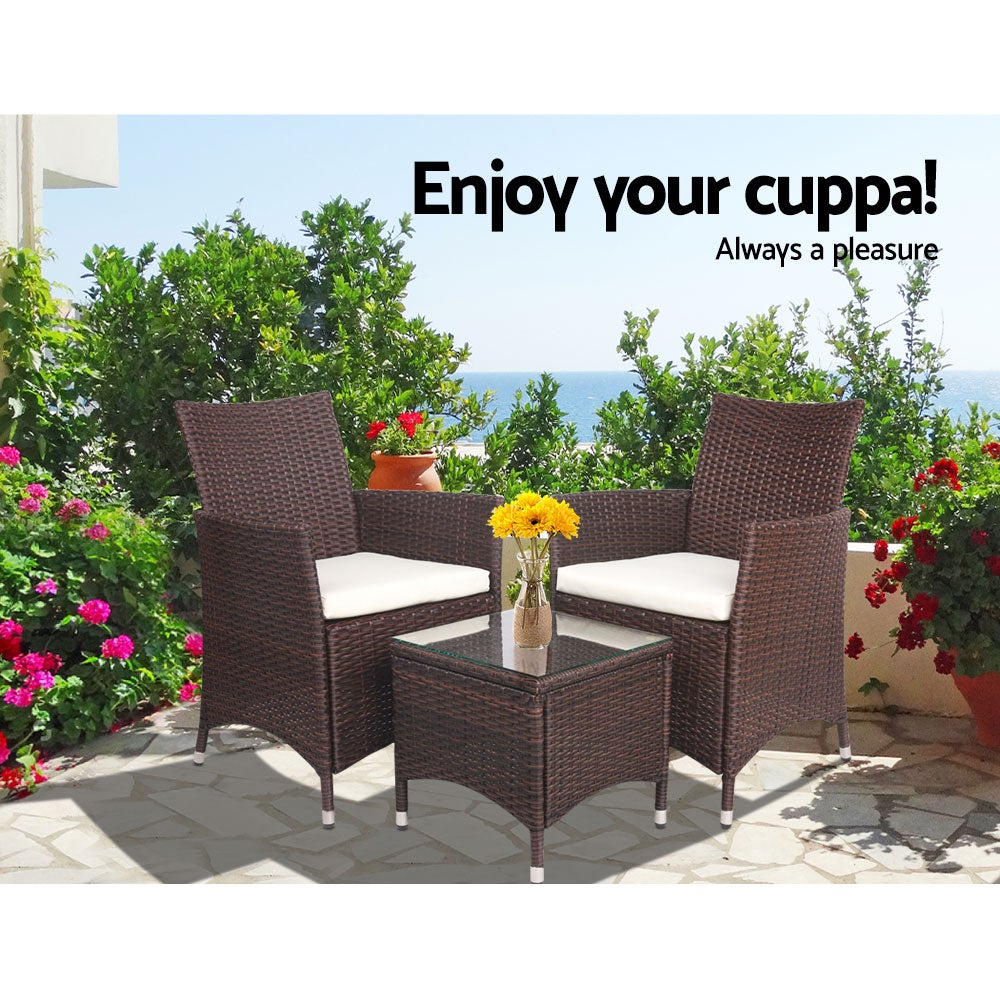 Gardeon 3 Piece Wicker Outdoor Furniture Set - Brown - Terrasland