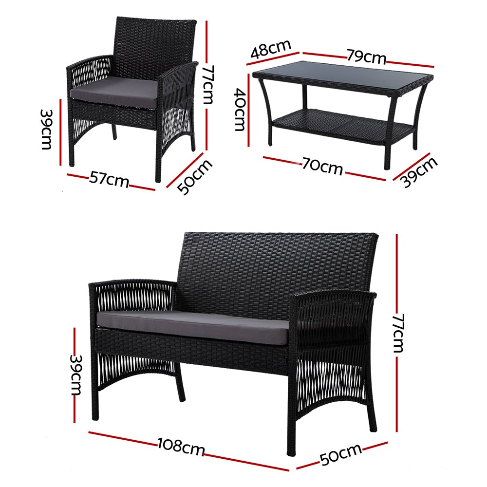 Gardeon Outdoor Furniture Set Wicker Cushion 4pc Black - Terrasland