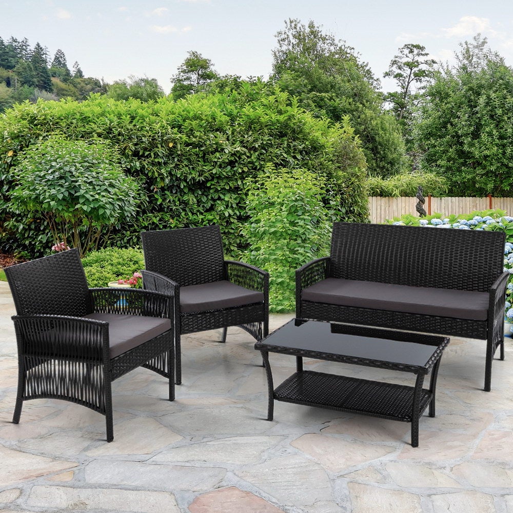 Gardeon Outdoor Furniture Set Wicker Cushion 4pc Black - Terrasland