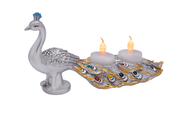 Peacock with Tealights (SIZE) 10x5 inch (COLOR) SILVER