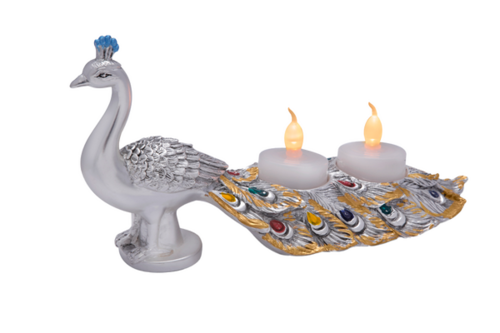 Peacock with Tealights (SIZE) 10x5 inch (COLOR) SILVER